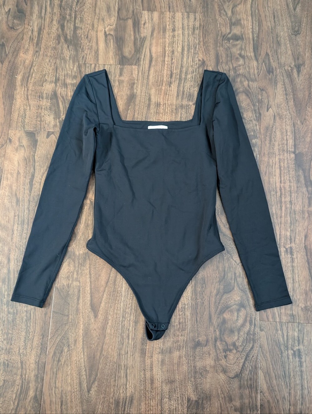 Babaton S Black Long-Sleeve Square Neck Thong Bodysuit Bottom Snaps Stretch